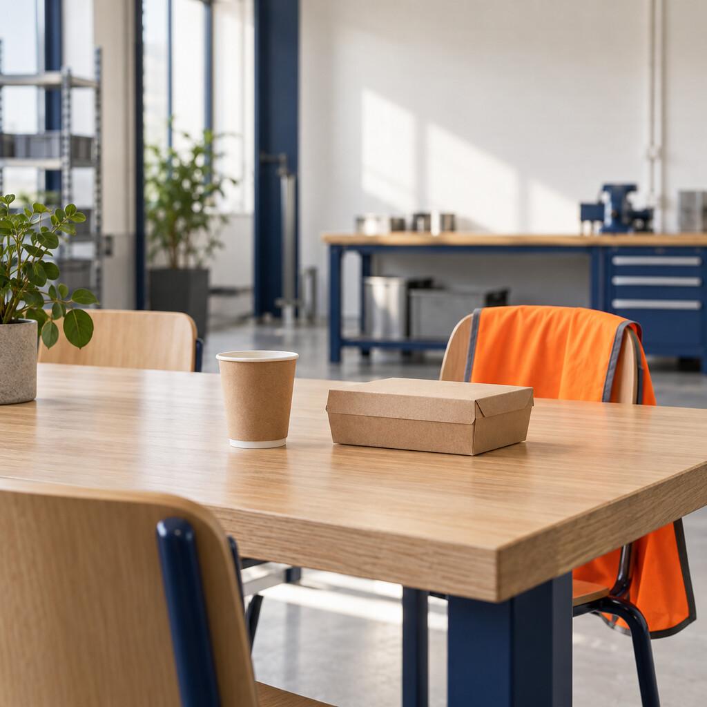 Kantinetafel in een productiehal met koffiebeker, lunchbox en een oranje veiligheidshesje over een stoel, niemand aanwezig.