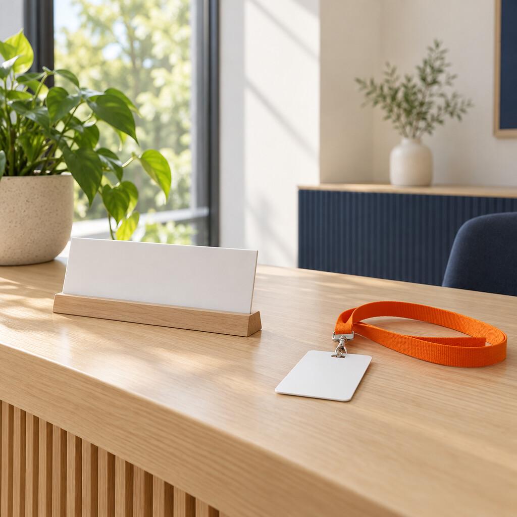 An empty wooden reception desk with a blank nameplate and a badge on an orange lanyard