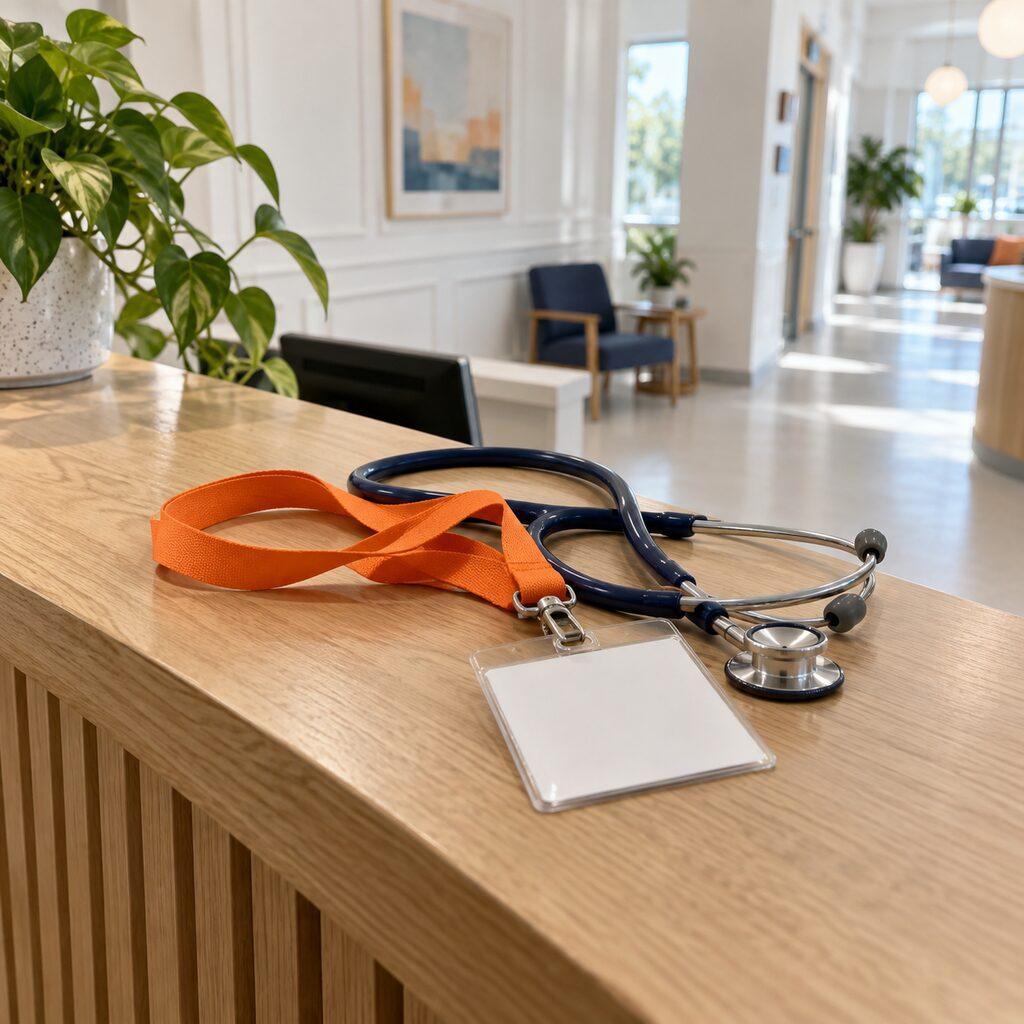 Een stethoscoop met oranje keycord en een blanco badge op een houten balie