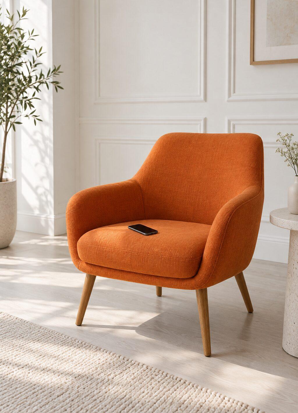 Oranje fauteuil met een smartphone op de zitting in een lichte woonkamer met een plant.