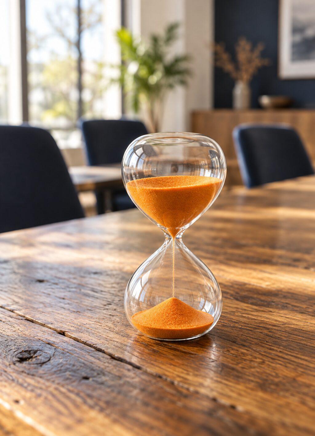 Een zandloper met oranje zand op een houten tafel, met eetkamerstoelen wazig op de achtergrond.