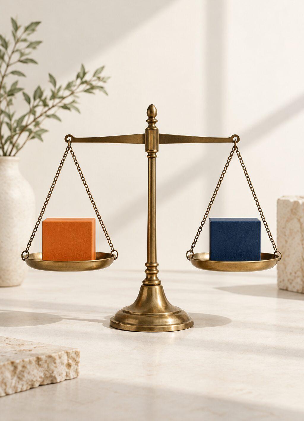 Een messing weegschaal in balans met een oranje blok links en een blauw blok rechts