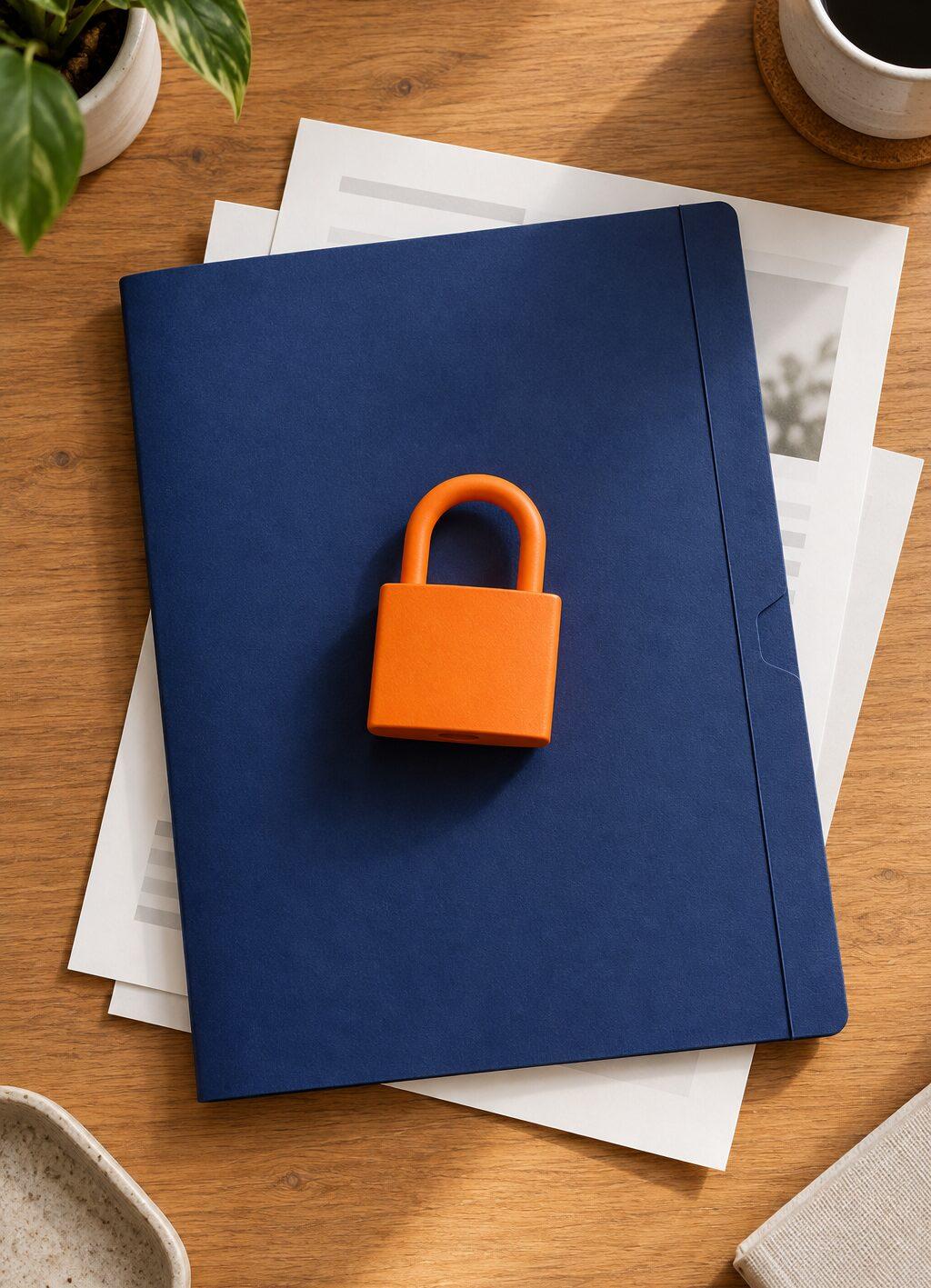 Orange padlock placed on top of a navy document folder on a desk.