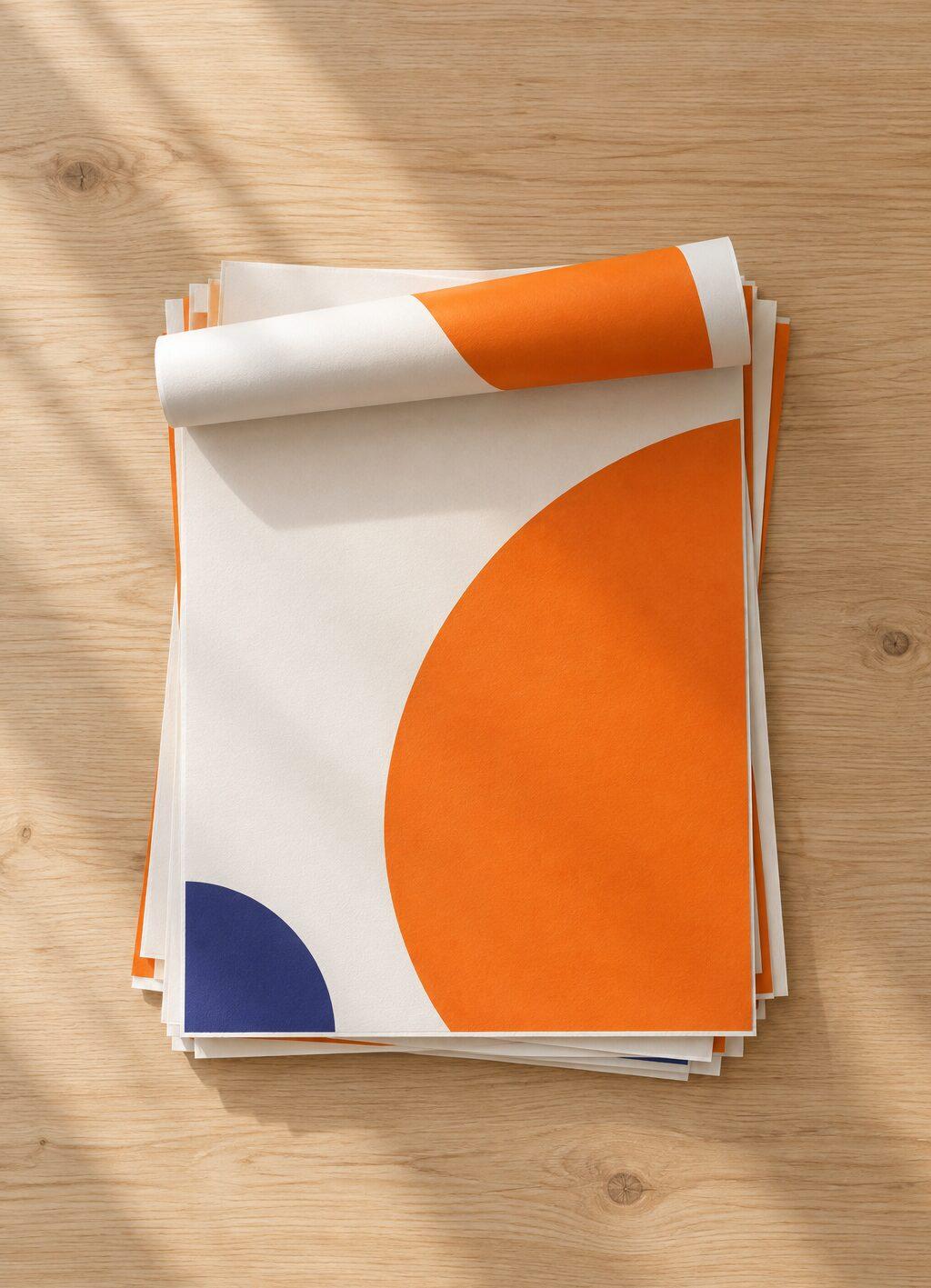 Stack of paper with an orange and blue graphic pattern, the top sheet half rolled up.