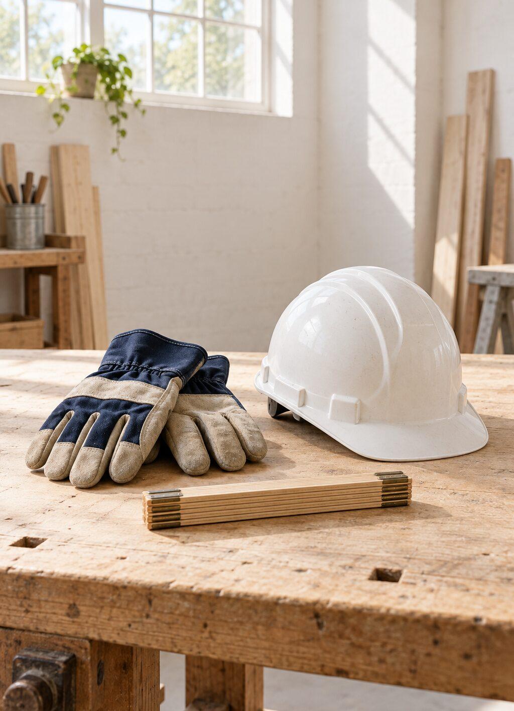 Werkhandschoenen, een duimstok en een witte veiligheidshelm op een houten werkbank