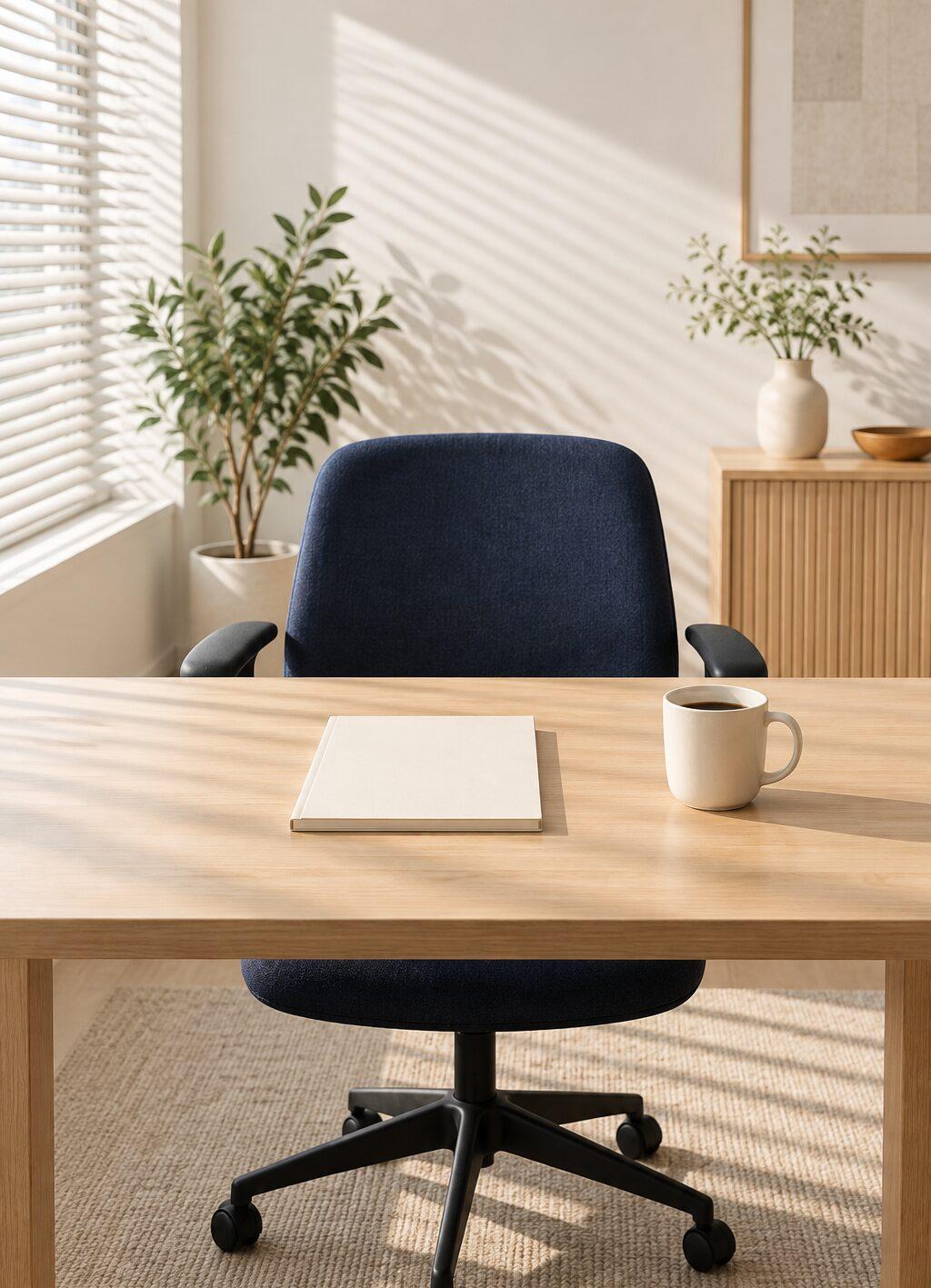 Lege bureaustoel achter een houten bureau met een notitieblok en een kop koffie.