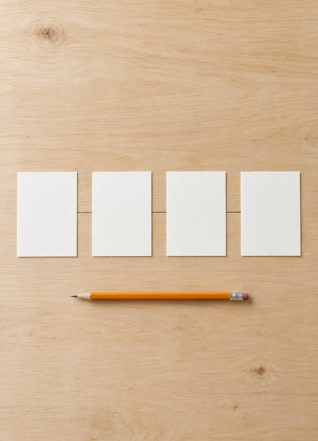 Vier witte kaarten op een rij met een oranje potlood ernaast op een houten tafel.