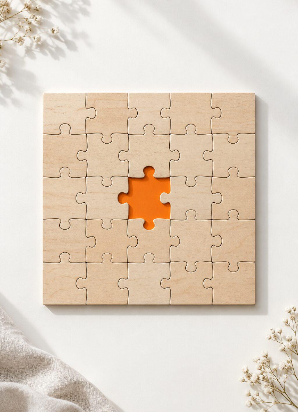Een ontbrekend puzzelstuk in een houten legpuzzel, met oranje zichtbaar in het gat