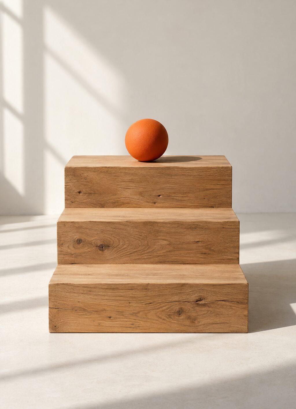 Een houten trapje met drie treden, op de bovenste tree een enkele oranje bal