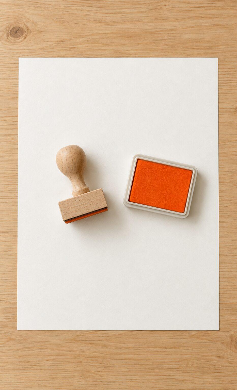 Wooden stamp next to an ink pad with orange ink on a sheet of white paper, seen from above.