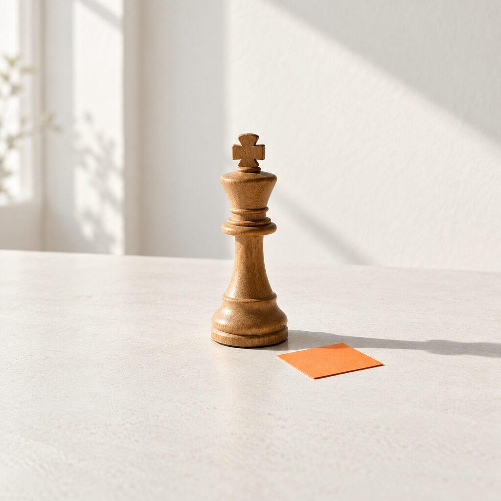 Een houten schaakstuk, de koning, alleen op een lichte tafel met een oranje vierkantje