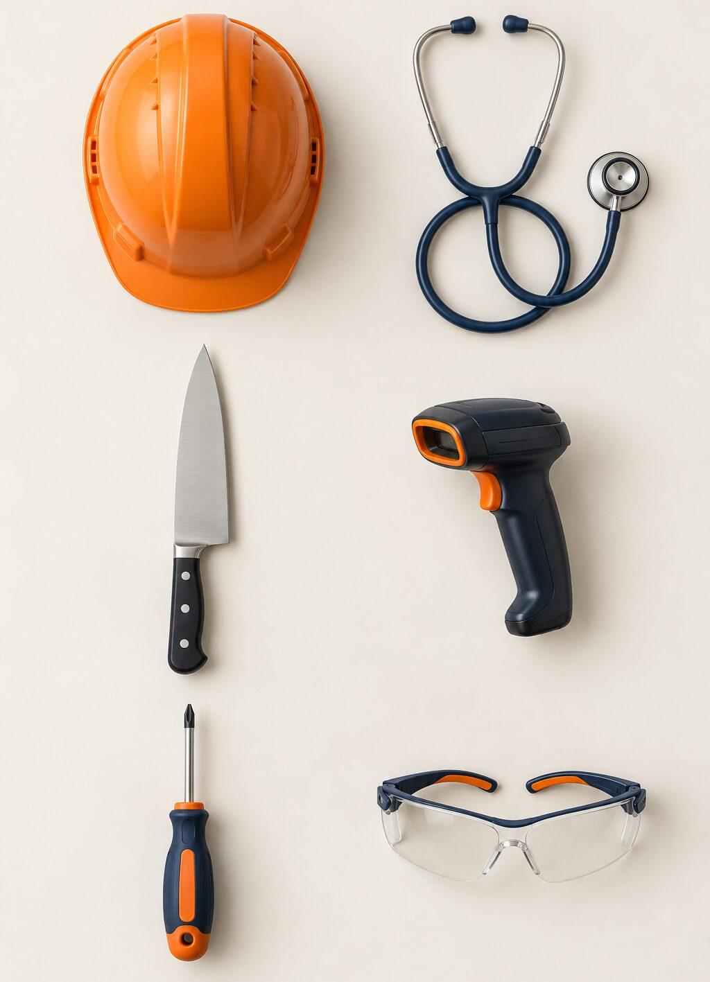 Zes voorwerpen in een raster: bouwhelm, stethoscoop, koksmes, scanner, schroevendraaier en veiligheidsbril.