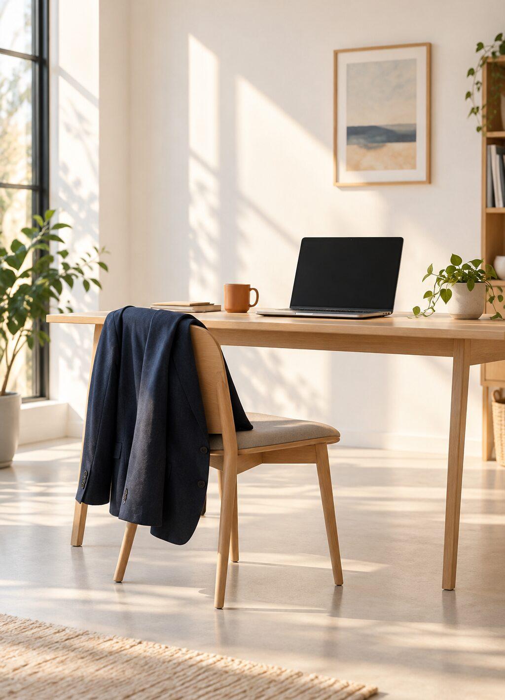Houten bureau met een donkerblauw colbert over de stoel, een gesloten laptop en een mok, ochtendlicht door het raam.