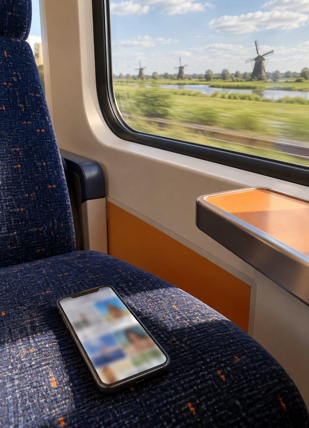 Smartphone op een treinstoel met een wazig fotoscherm, molens zichtbaar door het raam.