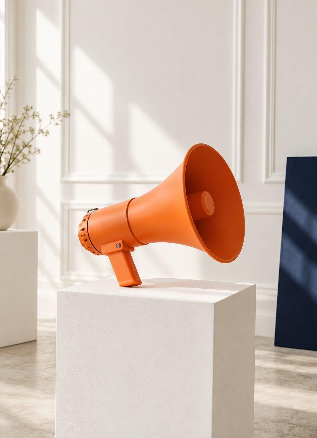 Een oranje megafoon op een witte sokkel tegen een witte muur, met strak studiolicht.