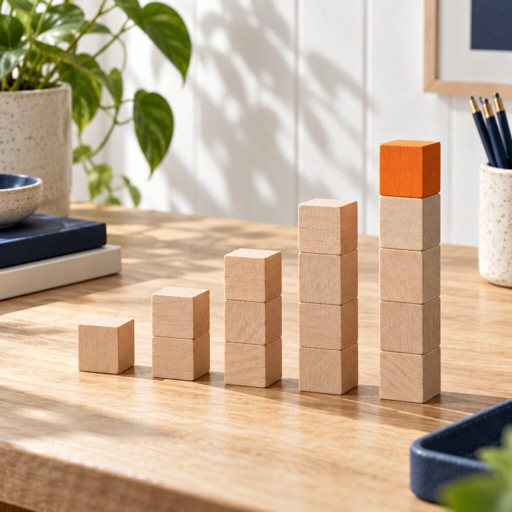 Oplopende kolommen houten blokjes op een tafel, met een oranje blokje bovenop de hoogste.