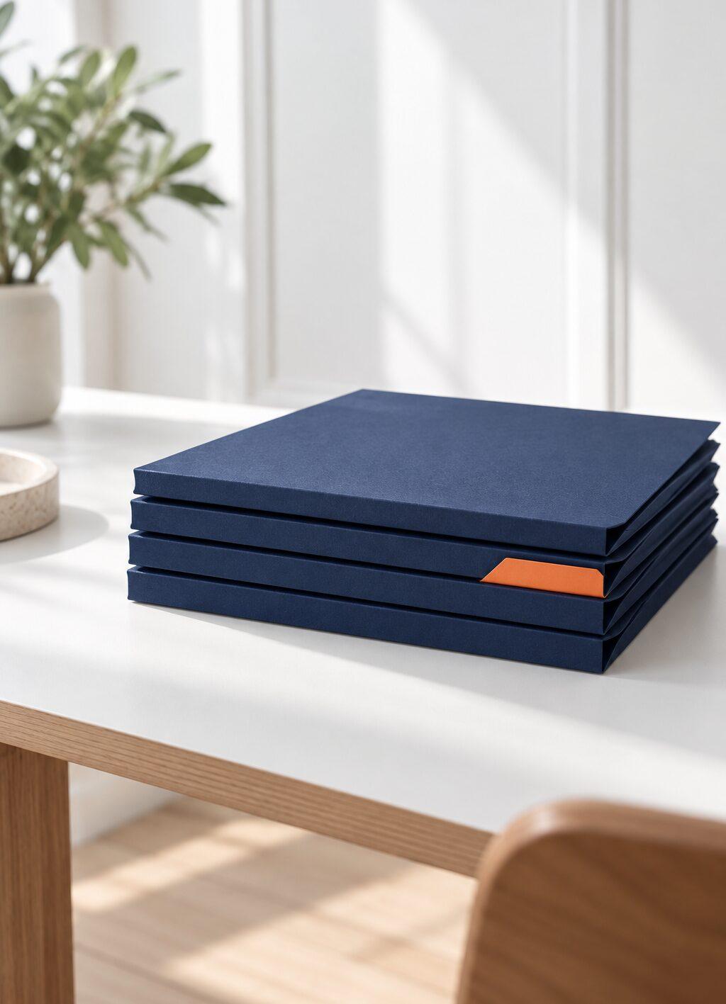 Stapel donkerblauwe dossiermappen met een oranje tab op een wit bureau.