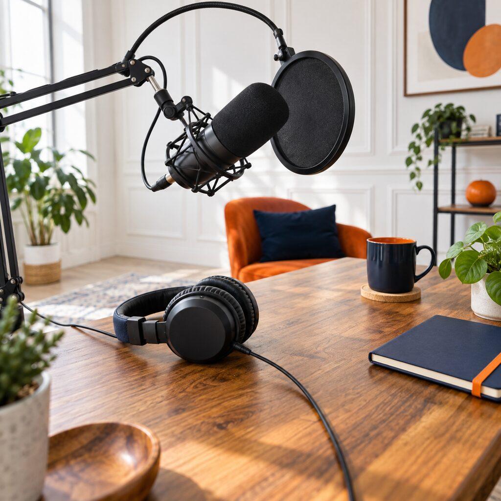 Een microfoon met popfilter op een arm boven een houten bureau met koptelefoon en een oranje fauteuil op de achtergrond.