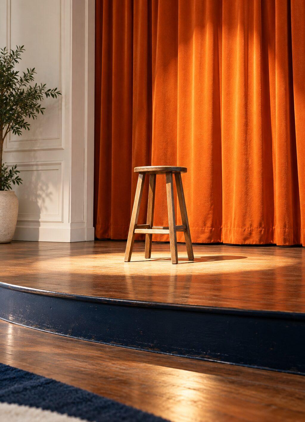 A spotlight shines on an empty wooden stool on a stage with an orange curtain