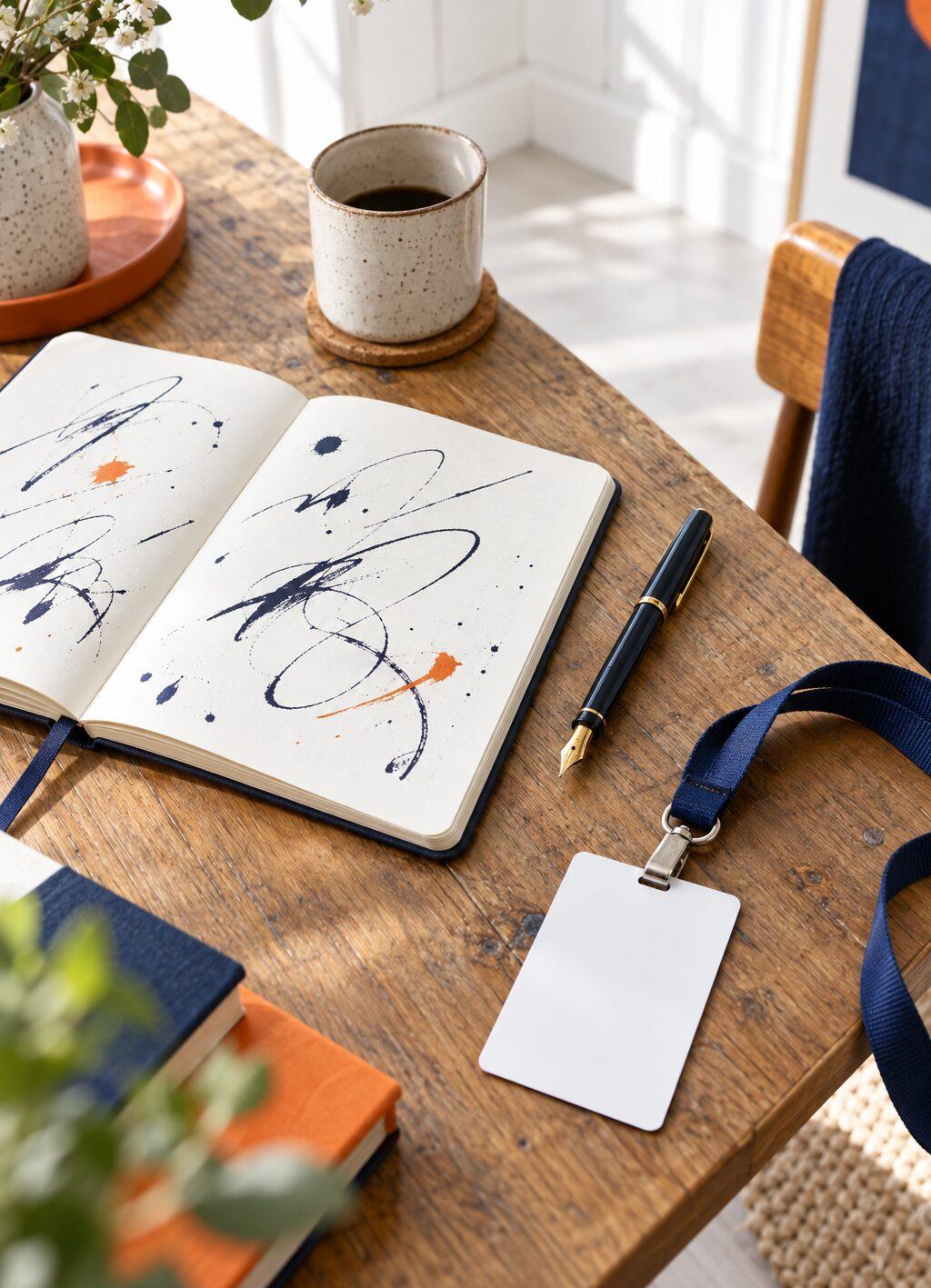 Opengeslagen notitieboek met inktspatten naast een vulpen en een blanco naamkaartje op een houten tafel.