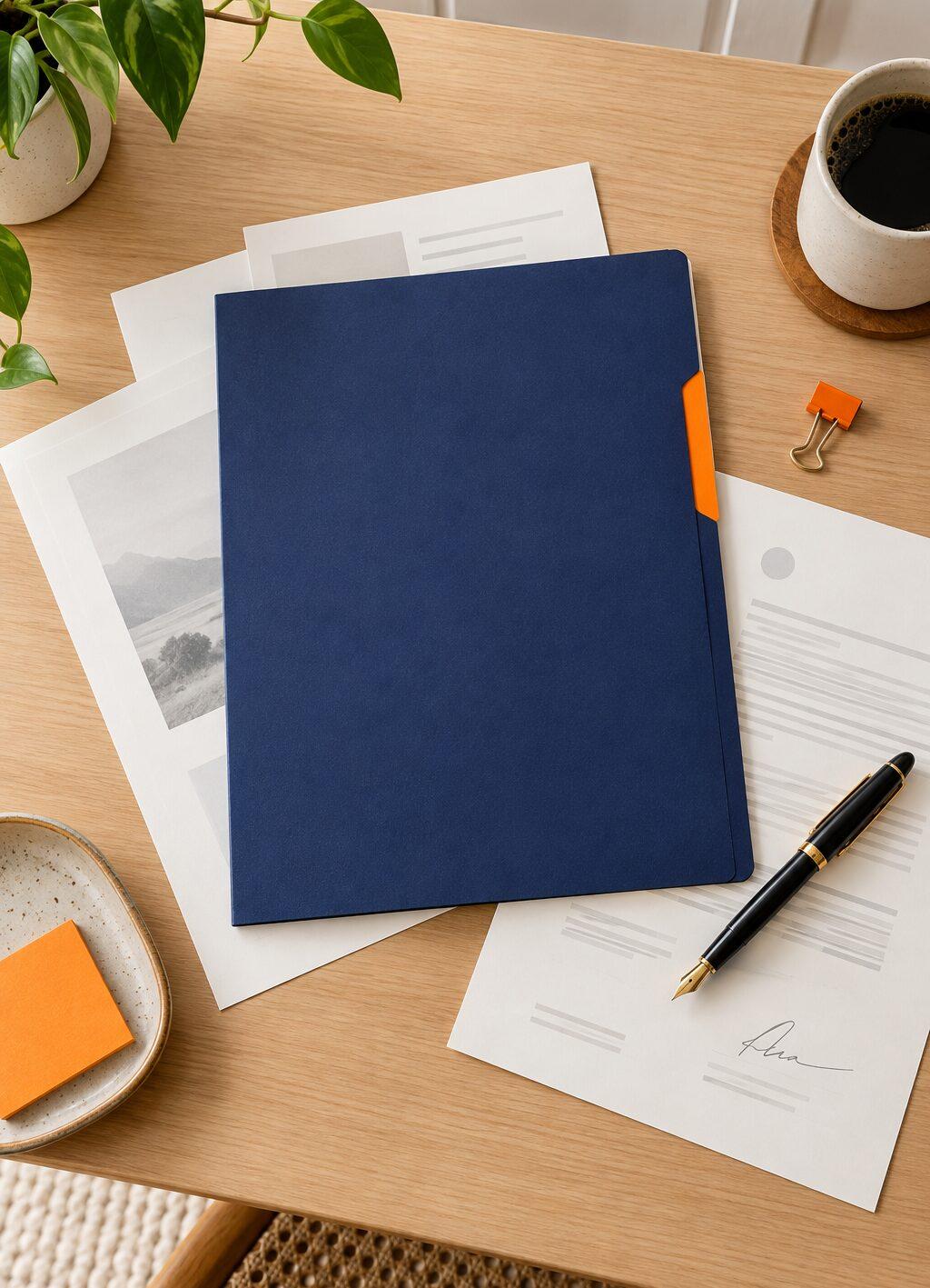 A fountain pen on a signed document next to a navy folder with an orange tab, seen from above.