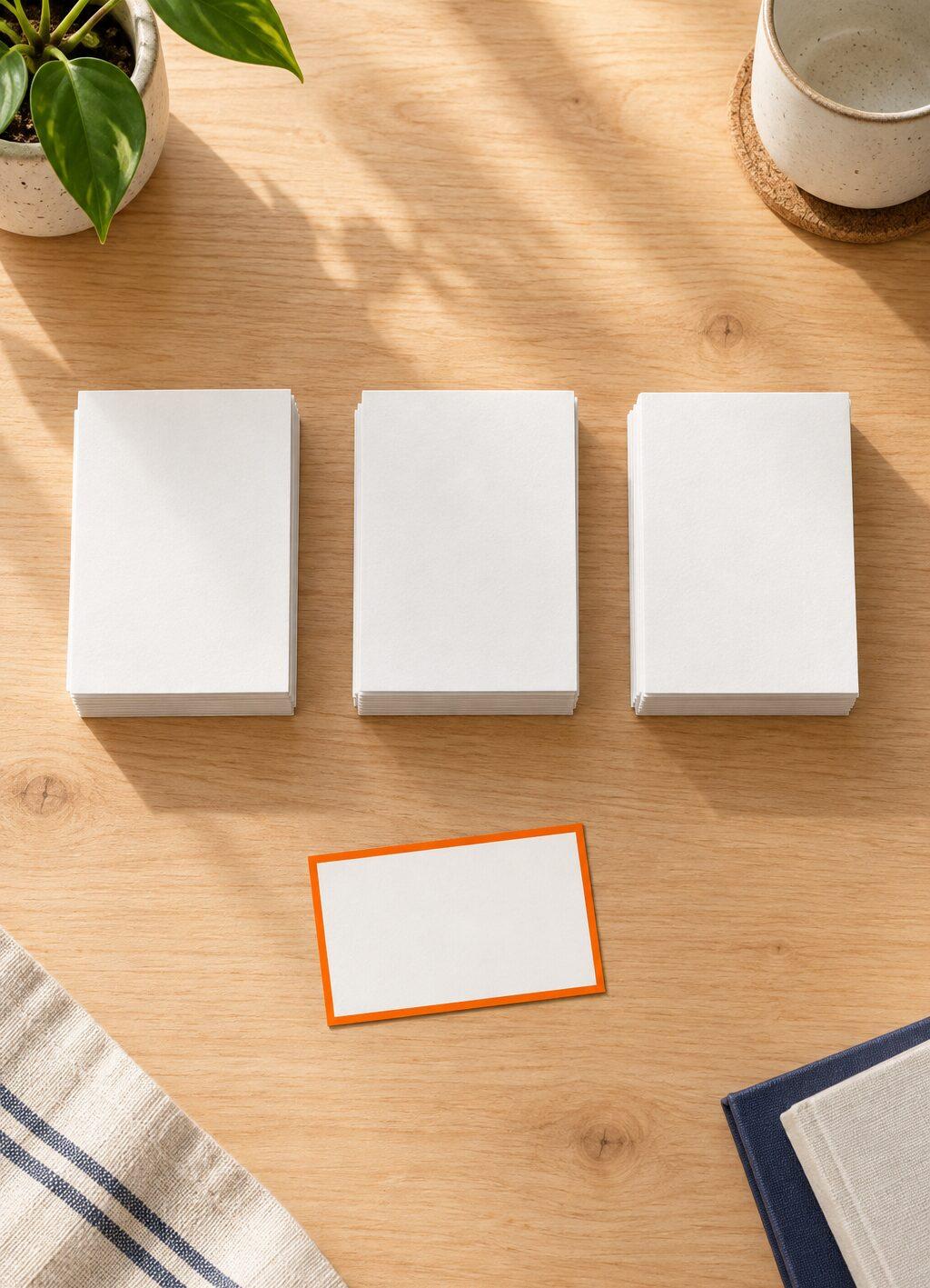 Drie stapels blanco kaartjes op een houten bureau, met een los kaartje met een oranje rand ervoor.