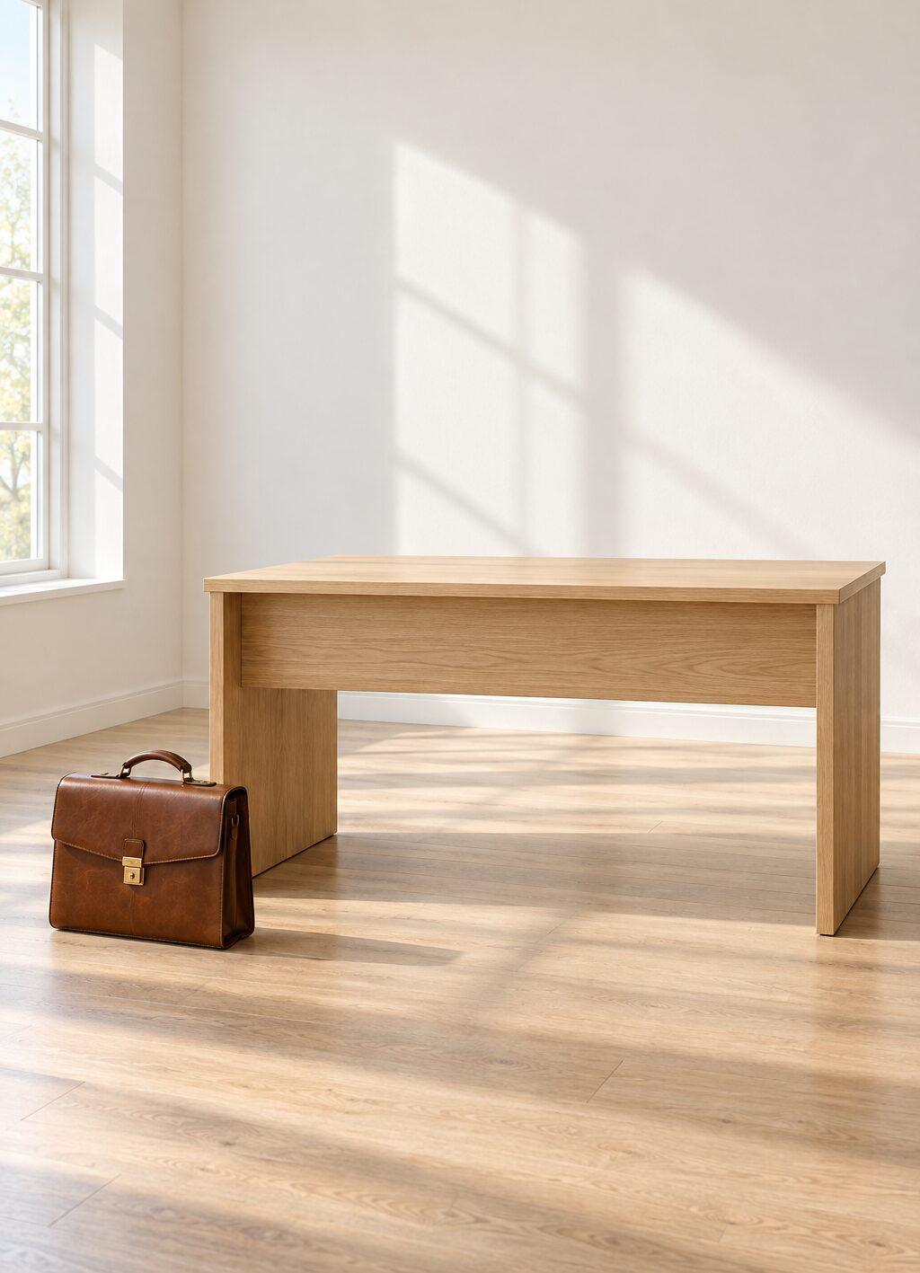 Leeg bureau met een gesloten leren tas ernaast op de vloer in een licht kantoor