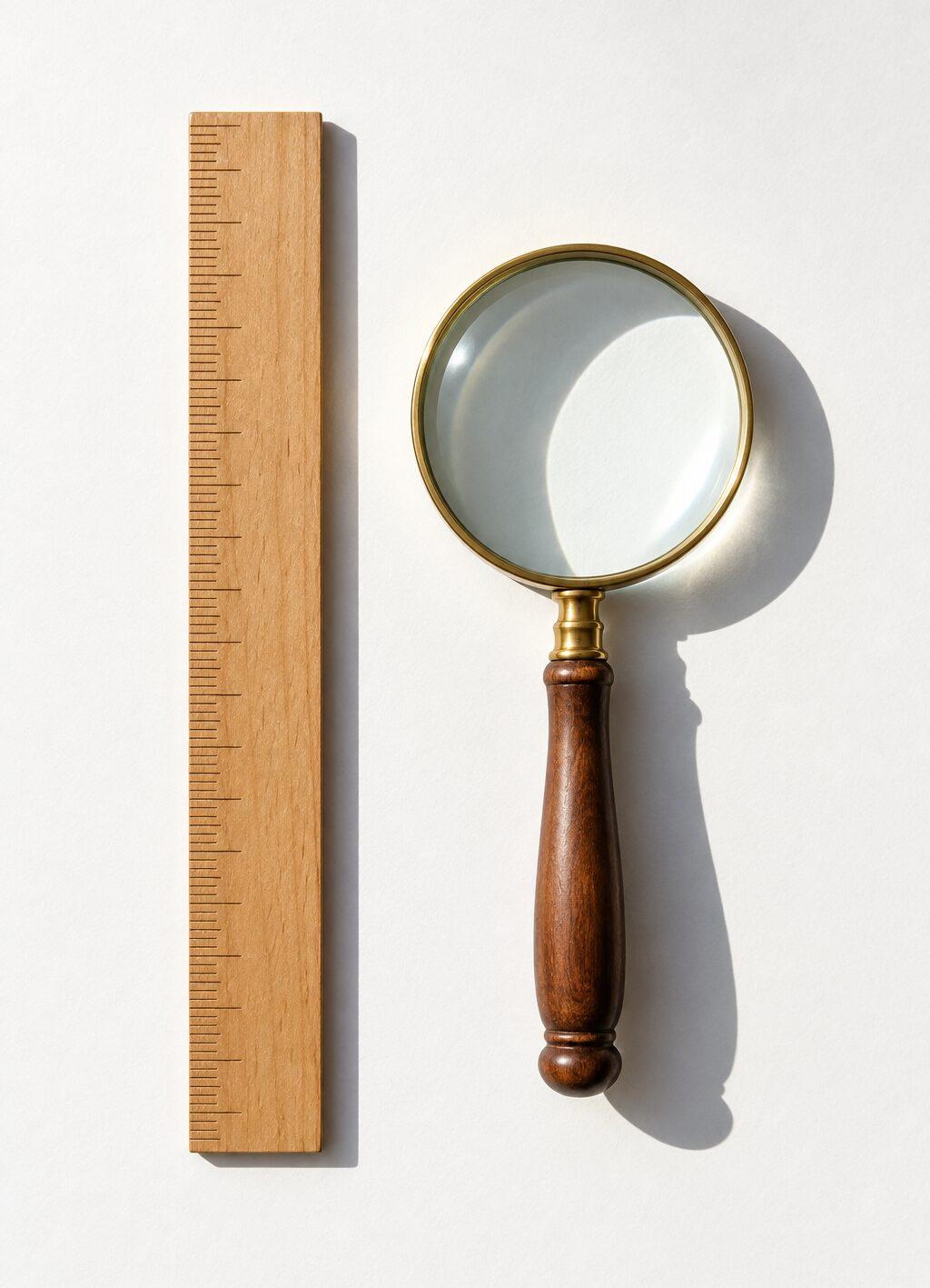 Houten liniaal naast een vergrootglas met houten handvat, gezien van bovenaf.