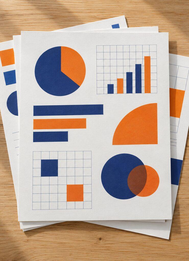 Een stapel papieren met abstracte grafieken in blauw en oranje, zonder cijfers of tekst