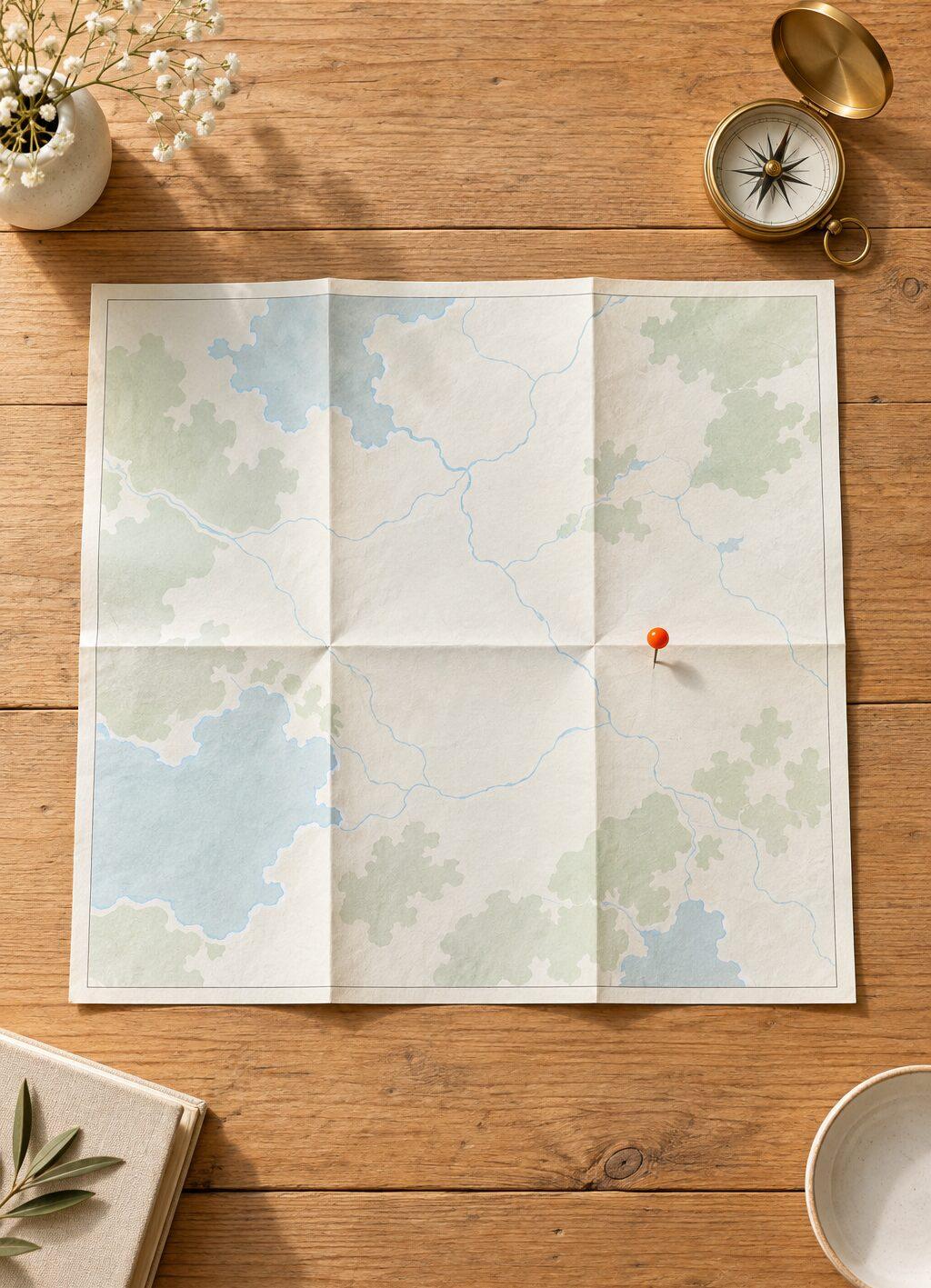 Een opengevouwen landkaart zonder plaatsnamen op een houten tafel, met een kompas en een oranje punaise.