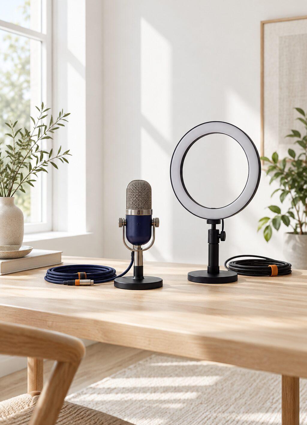 Een studiomicrofoon en een ringlamp op een tafel bij een raam, kabels netjes opgerold
