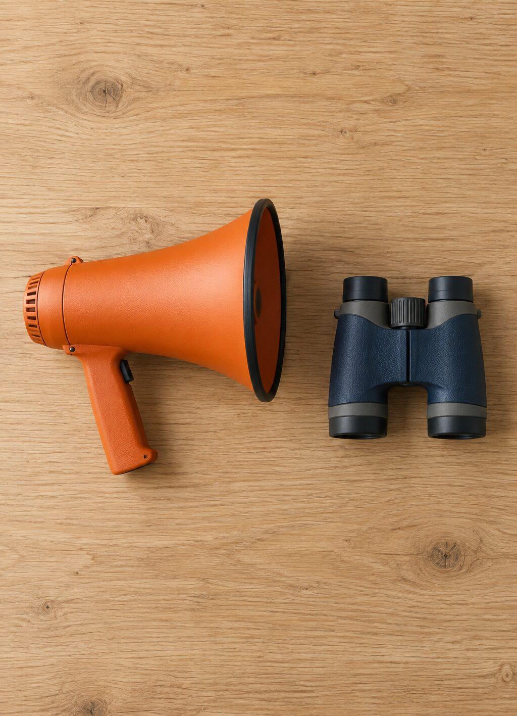 An orange megaphone and navy binoculars side by side on a wooden table, seen from above.