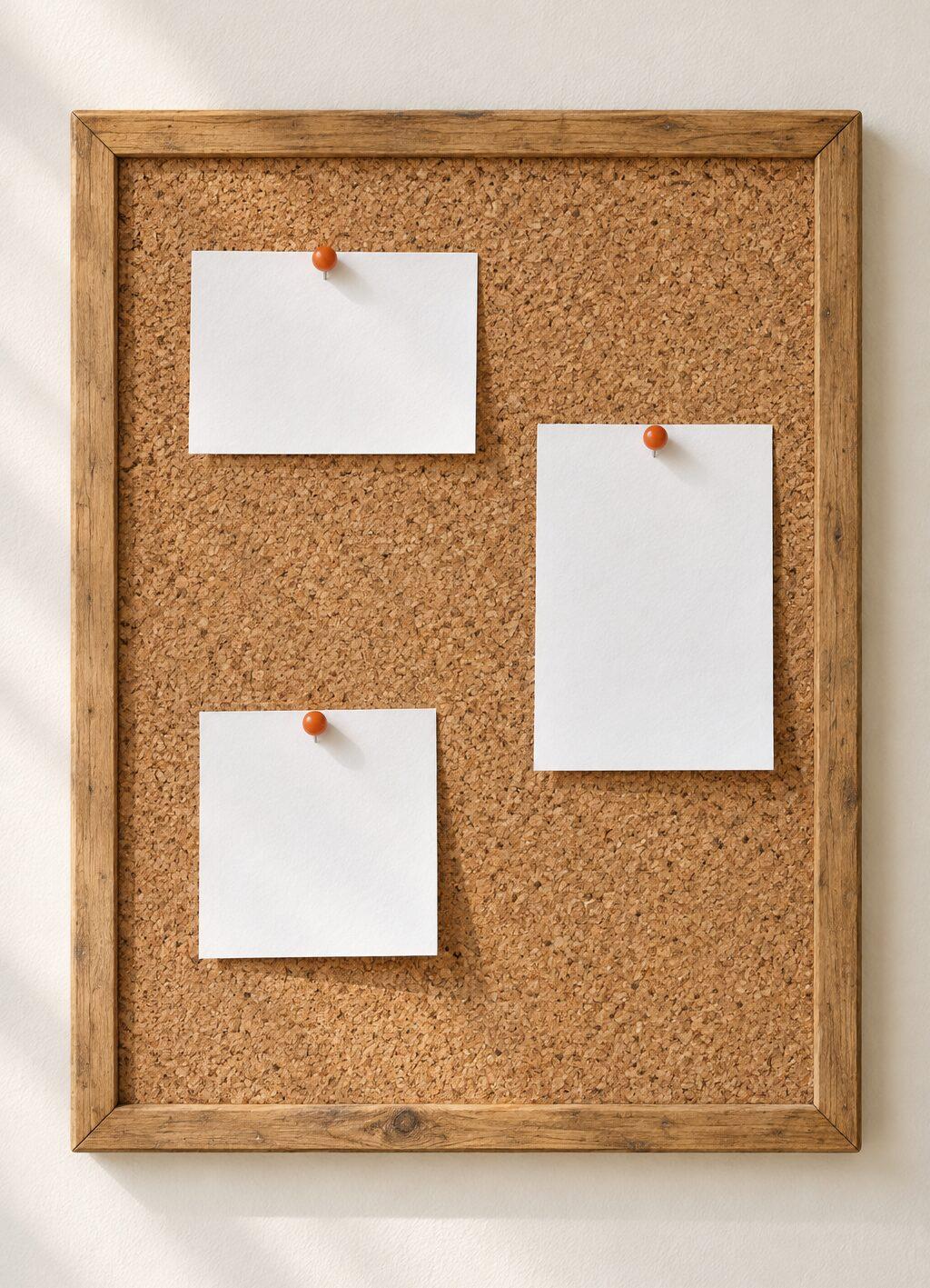 Een prikbord van kurk met blanco witte briefjes en oranje punaises