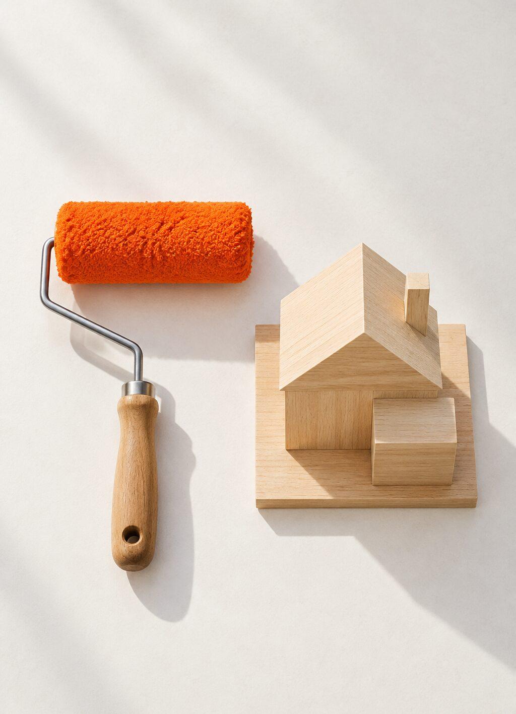 Verfroller met oranje verf naast een houten maquette van een huis, van bovenaf.