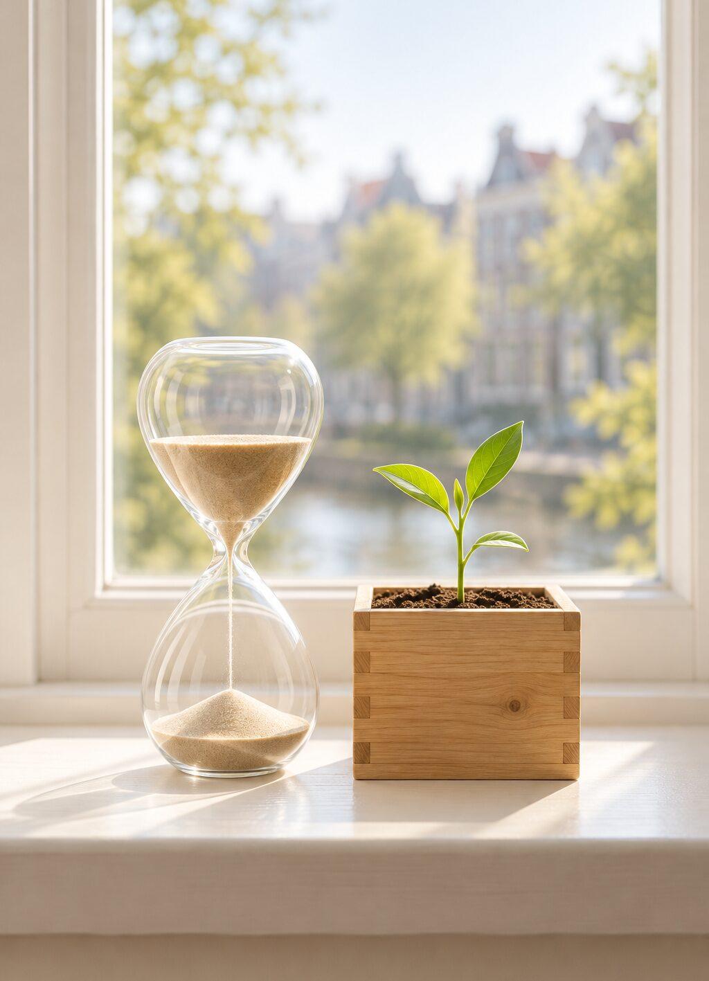 Een zandloper naast een houten plantenbakje met een jong scheutje op een vensterbank, met uitzicht op een gracht.