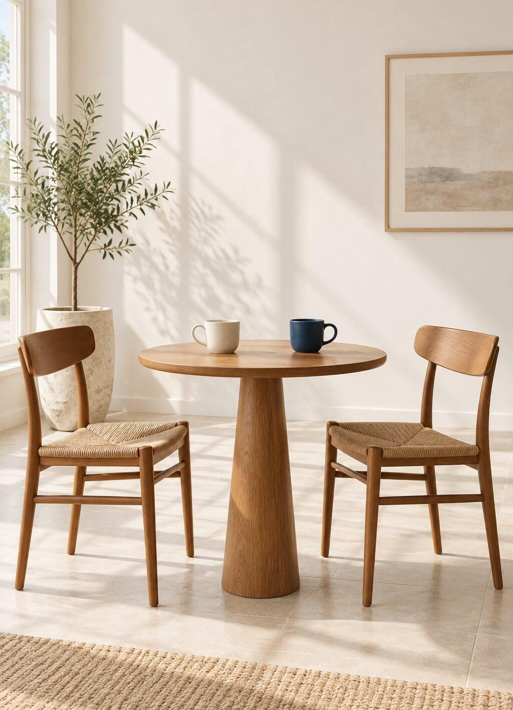 Twee houten stoelen tegenover elkaar aan een ronde tafel met twee lege koffiekopjes
