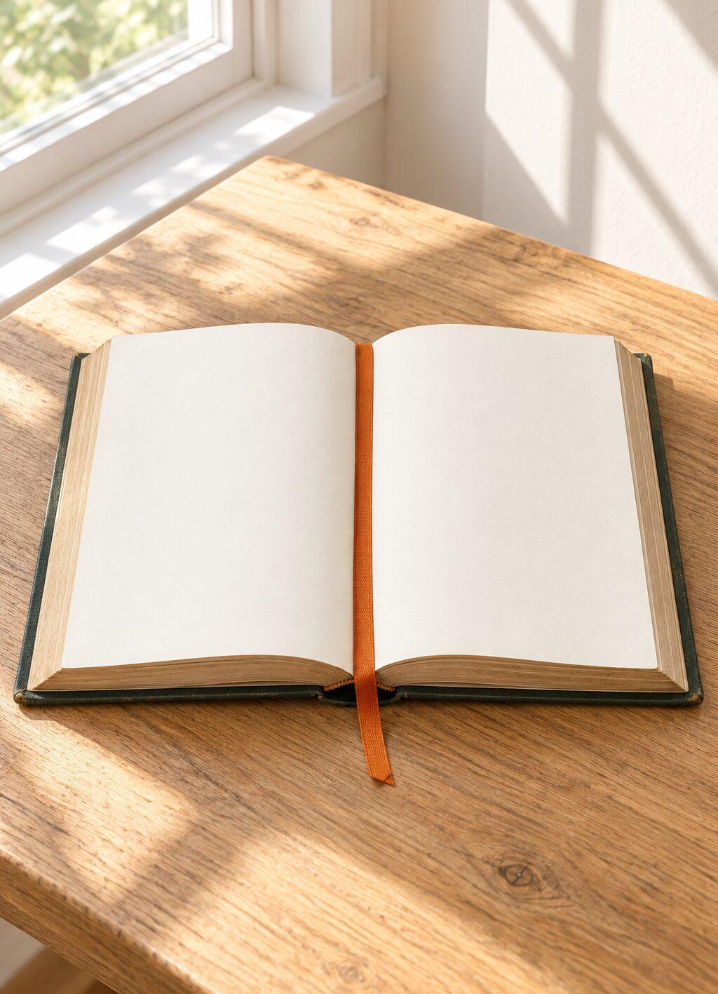 Een opengeslagen boek met lege pagina's en een oranje leeslint, op een houten tafel bij een raam.