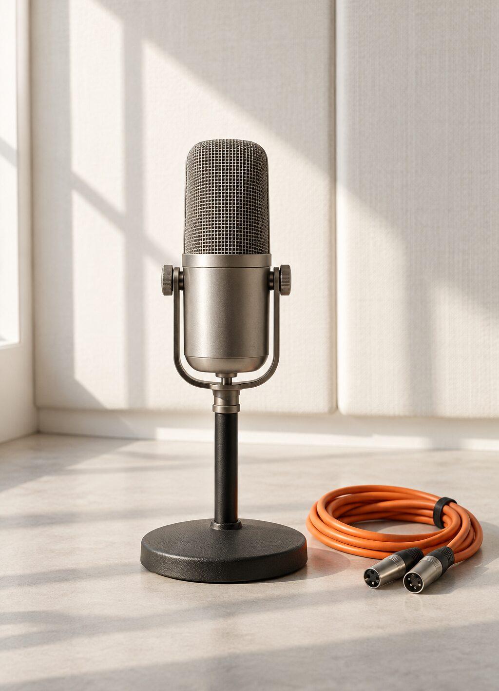 Studio microphone on a stand in front of a light acoustic wall, with a coiled orange cable.