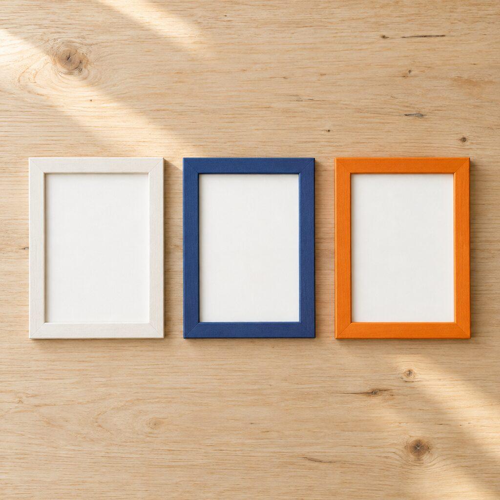 Three blank photo frames in off-white, blue and orange side by side against wood