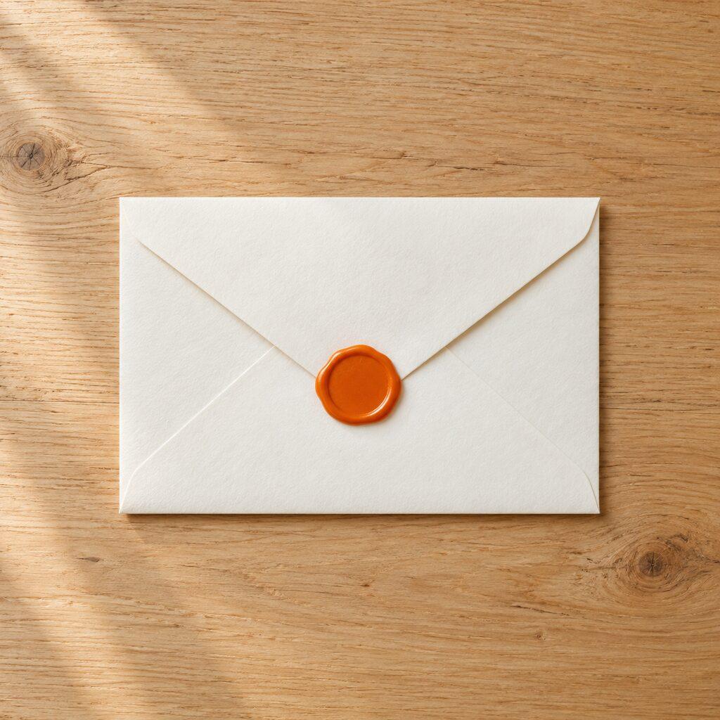A closed white envelope with an orange wax seal on a wooden table, photographed from above.