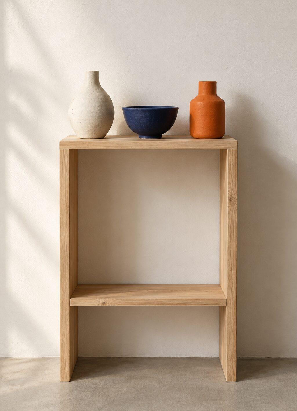 A wooden display shelf with three ceramic pieces in white, blue and orange