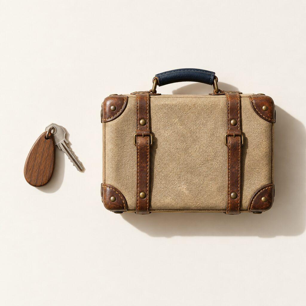 Een klein vintage reiskoffertje met een houten sleutelhanger en een sleutel ernaast, op een lichte ondergrond.