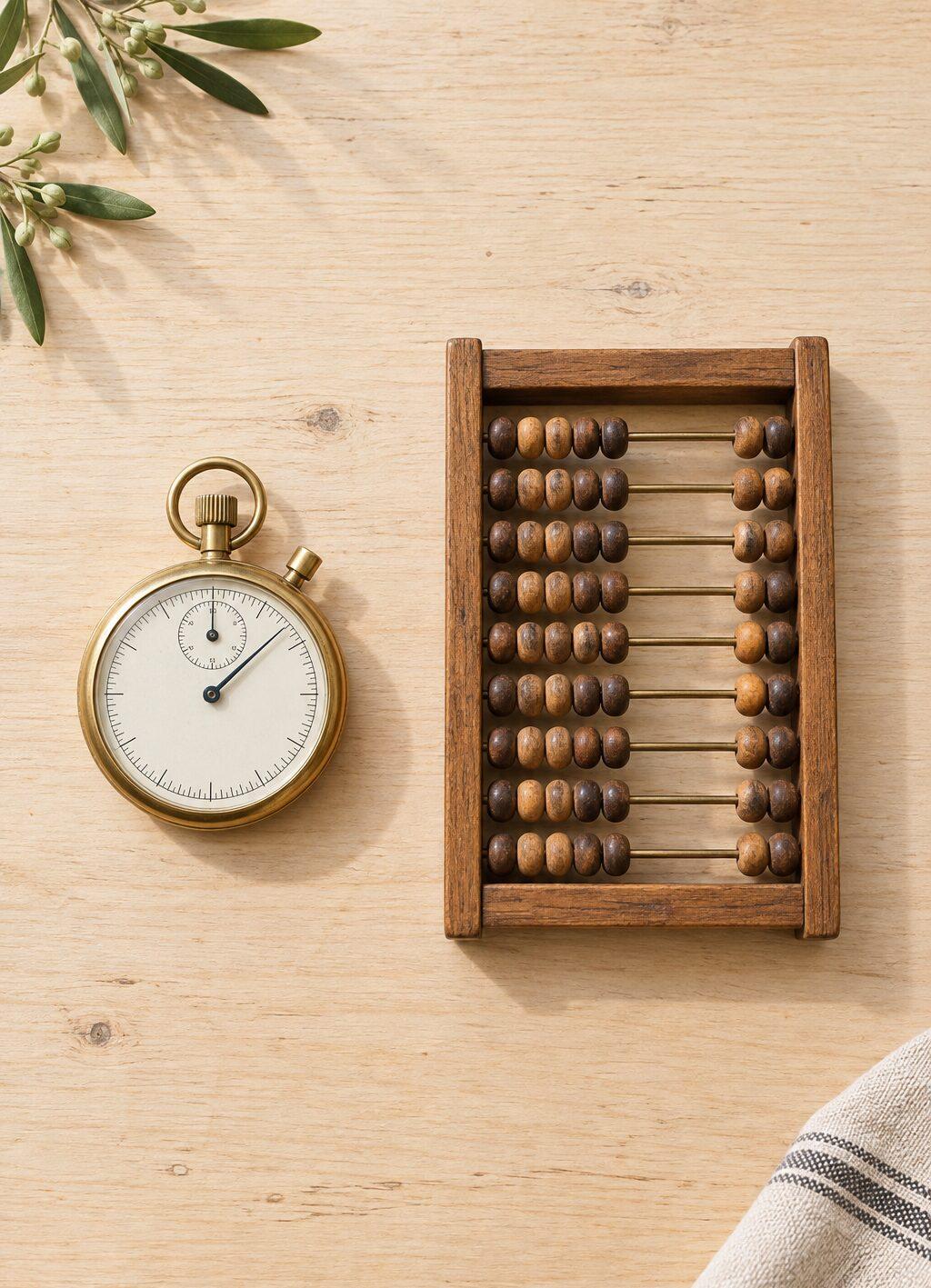 Een messing stopwatch naast een houten telraam, van bovenaf op een lichte houten ondergrond.