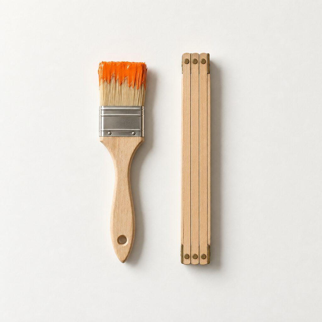 Verfkwast met oranje verf naast een opgevouwen houten duimstok, van bovenaf.