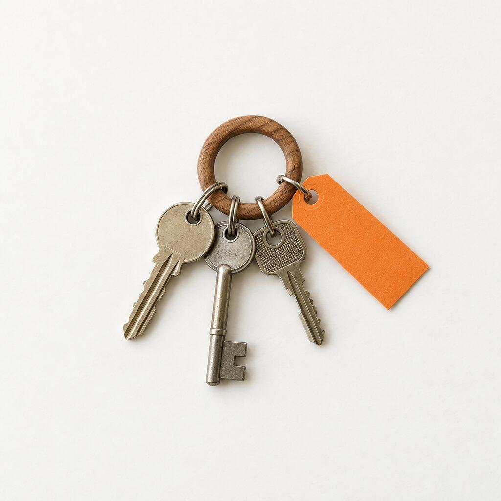 Drie sleutels aan een houten ring met een onbeschreven oranje label, van bovenaf.